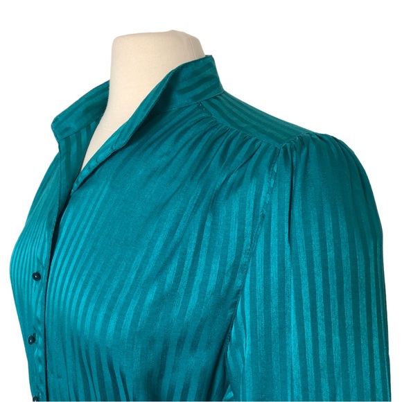VINTAGE 80s Long Sleeve Secretary Dress | Blue Green Teal | Size 10 Medium - Picture 7 of 9